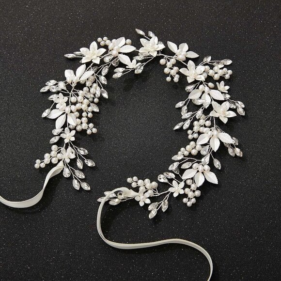 Handmade Rhinestone Flower Leaf Bridal Headpiece for Wedding Pearl Hair Accessor main image 7